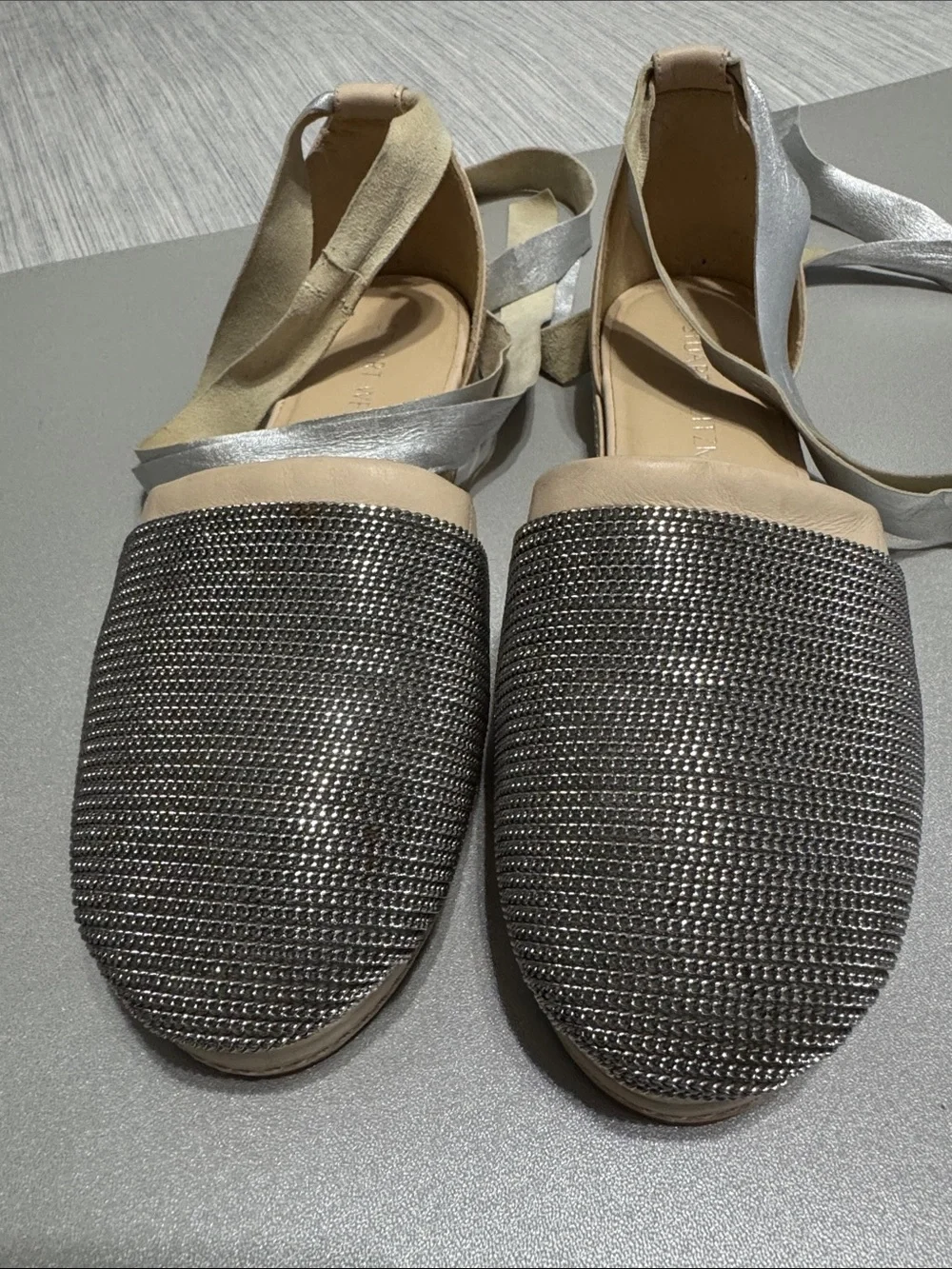 Stuart Weitzman Leather Roman Mail Armor Silver Chain Ballerina Lace Up Flats